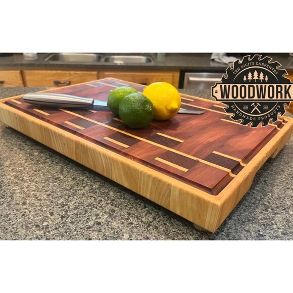 African Padauk, Ash, Beeswax, & Mahogany Handcrafted Wooden Cutting Board - Picture 5 of 9